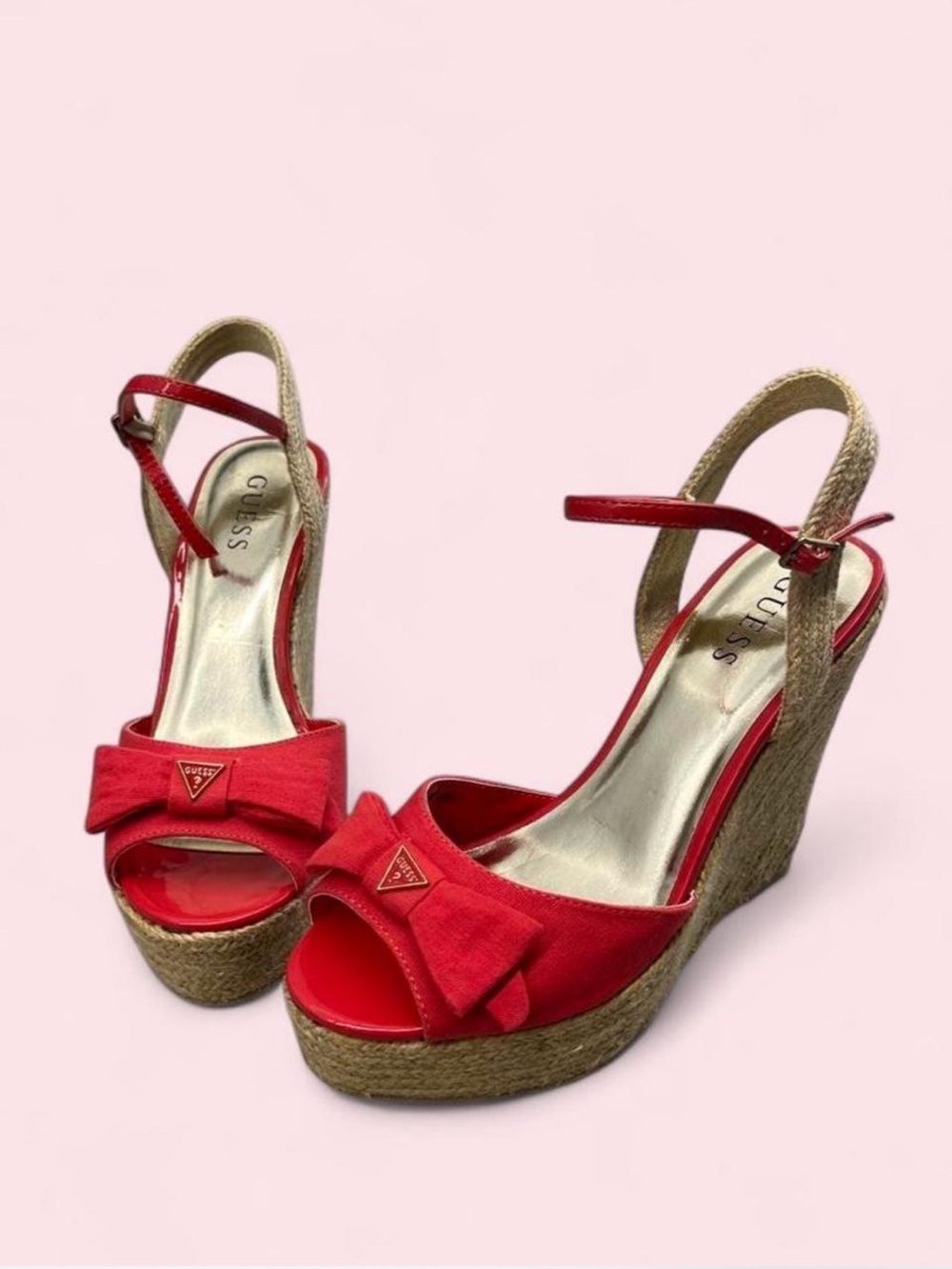 GUESS Red Bow Espadrille Wedge Sandals with Ankle Strap
